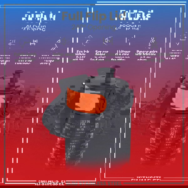 A black water bottle with an orange accent and “BEAR DOWN” and “CHICAGO” text, has a 240° opening flip lid, shown against a blurred background of football players.