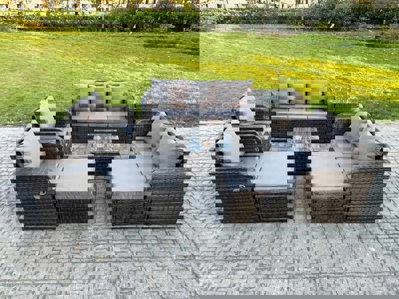 Fimous Rattan Garden Furniture 8 Piece Patio Set Table Sofa Chairs With 2 Big Footstool Side Table