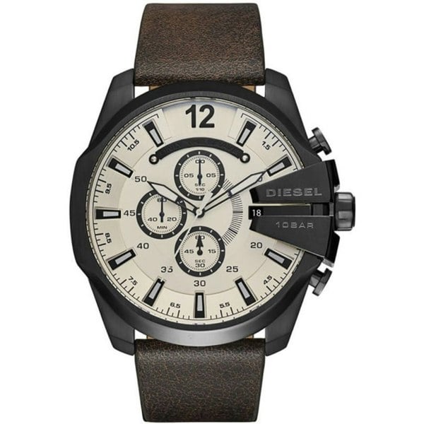 Diesel Dark Silver Watch Dark Brown Leather Strap
