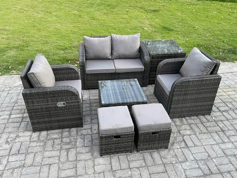 Fimous Wicker PE Rattan Garden Furniture Set Outdoor Lounge Sofa Set with Love Sofa Square Coffee Table Side Table 2 Small Footstool Dark Grey Mixed