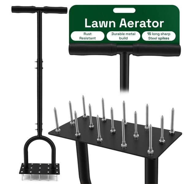 My Garden Outdoor Living My Garden Lawn Aerator Tool with 15 Spikes Built-in with 3 Extra Spikes - 98cm Long Manual Lawn Spike Aerator with T-Handle