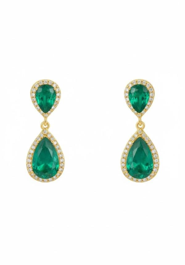 Pair of emerald green teardrop earrings with gold accents on a white background