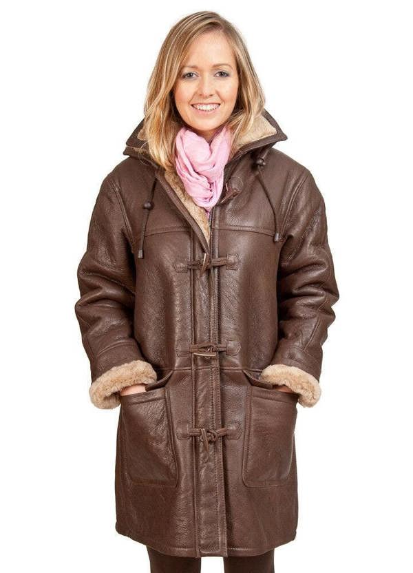 Infinity Leather Womens Brown Hooded Sheepskin Leather Duffle Coat-Charlotte