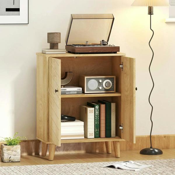Natural wood cabinet with open door storage for records or audio, two shelves, pine legs