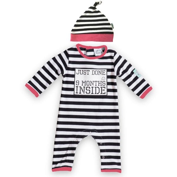 Just Done 9 Months Inside black and white stripy baby grow with pink edging trim and matching hat