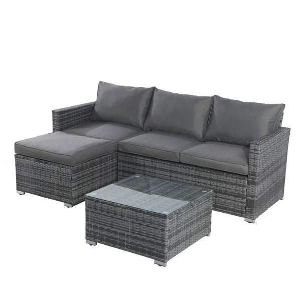 Furniture One Outdoor Rattan Corner Sofa, 3 Piece Garden Lounge Set with Glass Table, Soft Cushion L-Shaped All-weather Patio Corner Sofa Couch - Gray