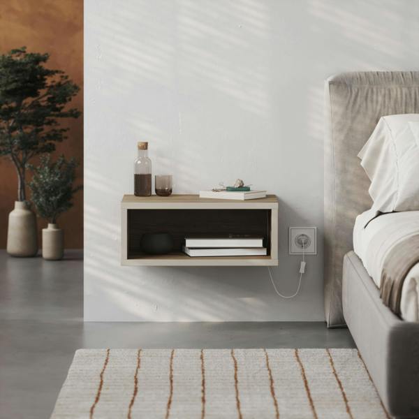 Decortie Modern Floating Bedside Table w/ LED Lights 45cm Wall-Mount Nightstand End Table Open Shelf Bedroom