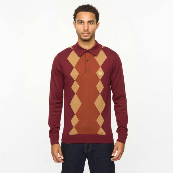 Gabicci V55GM02 Mens Bond Long Sleeve Knitted Three Button Polo Gabicci Vintage - MULBERRY