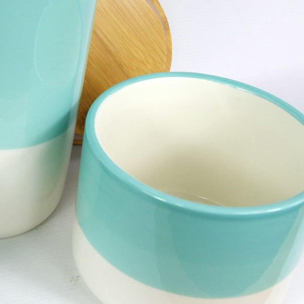 Leaf Set of Three Canisters Aqua Green Ceramic Storage Jars with Lids