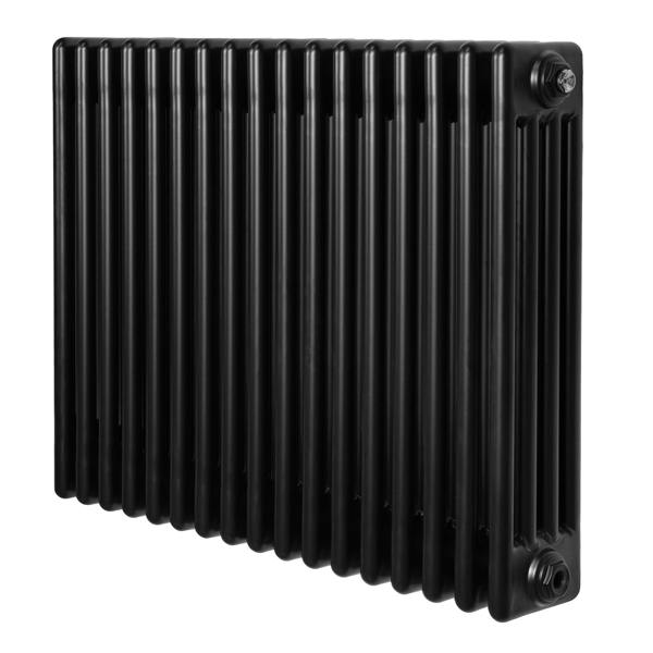 Traditional black 4 column radiator, 600 x 785mm, featuring a sleek, modern design with smooth, vertical lines and a glossy finish
