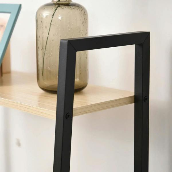 Detail view of black metal side frame with light wood shelf and fasteners