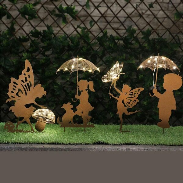 EDH Door Hardware Rustic Boy Silhouette with Solar Umbrella – 46 x 22 x 17.5 CM | Metal Garden Sculpture with Solar Light