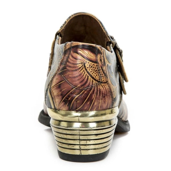 New Rock M-7960-s14 Embossed Vintage Shoes Black Leather Buckle Steel Heel