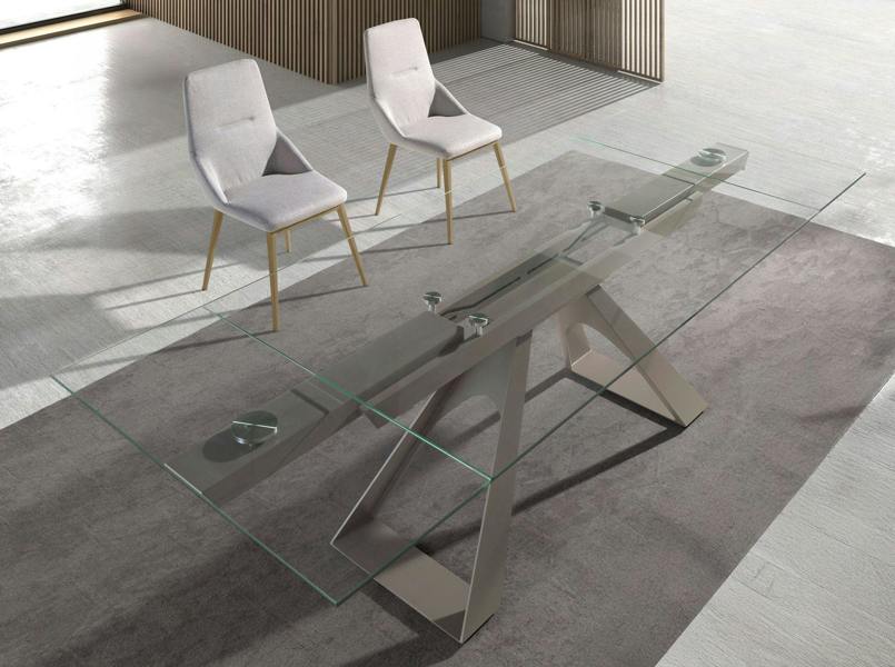 Angel Cerdá Rectangular extending dining table in tempered glass and taupe grey steel 1125