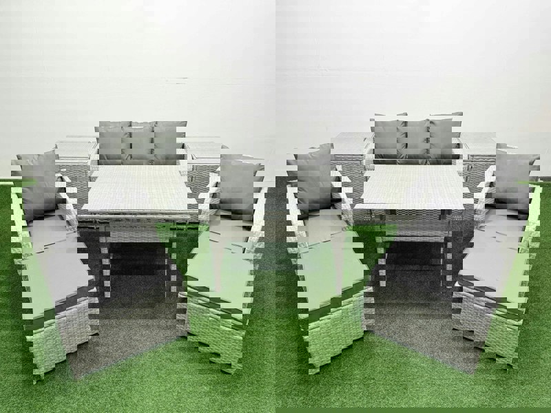 Fimous PE Rattan Garden Furniture Set Reclining Chair Sofa Lounge Sofa Set Rectangular Dining Table 2 Side Table 2 Big Footstool Light Grey