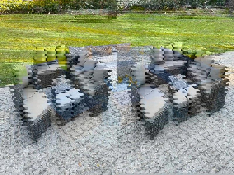 Fimous 10 Seater Outdoor Rattan Garden Furniture Set Conservatory Patio Sofa Coffee Table With Reclining Chair 3 Footstools Side Table Dark Grey Mixed