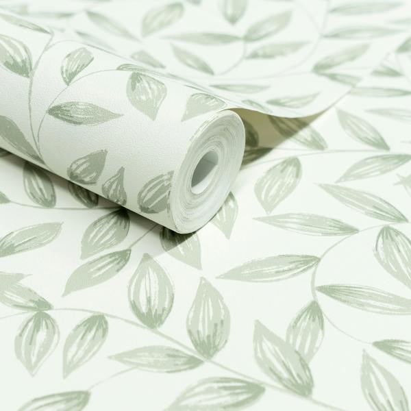 Grandeco Jessy Hand painted Leaf Trail Textured Wallpaper, Sage Green