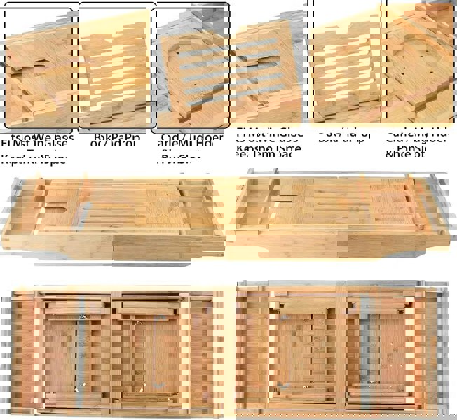 MANTRARAJ Bathtub Tray Bath Caddy Breakfast Tray Natural Bamboo Wood 2 in 1 Bath Tub Tray