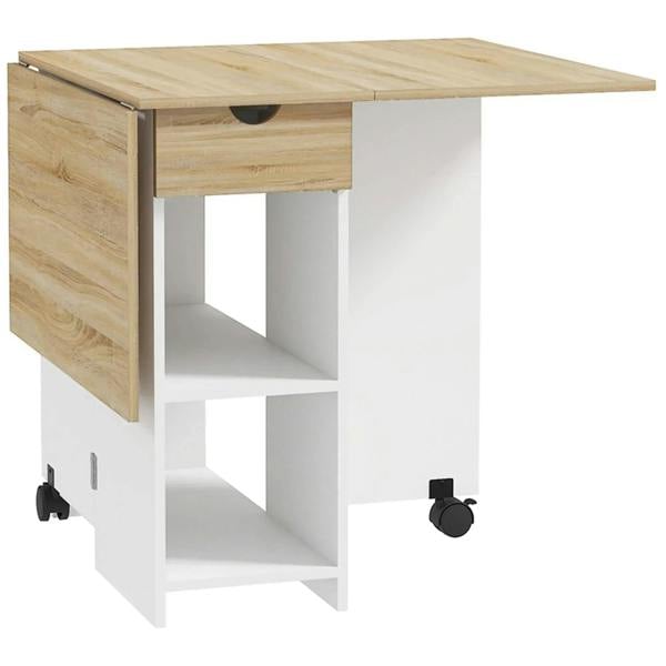 Oak folding drop-leaf dining table with drawer and open storage shelves on wheels
