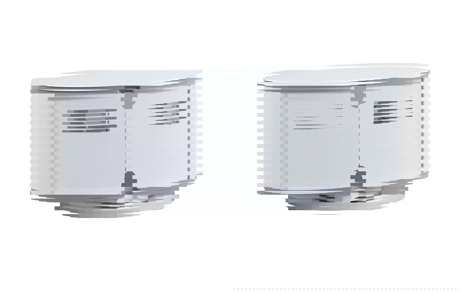 MDA Designs LUNA Gloss White Oval Cabinet with White Profiles White BeamThru Glass Doors Suitable for Flat Screen TVs up to 50"