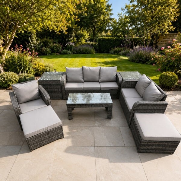 Fimous 8 Seater High Back Rattan Garden Furniture Set with Reclining Chair Rectangular Coffee Table 2 Side Tables 2 Big Footstool Indoor Outdoor Set