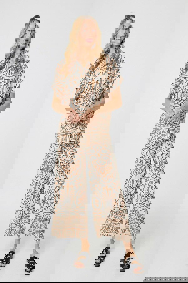 Beige | Printed Button Down Short Sleeve Shirt