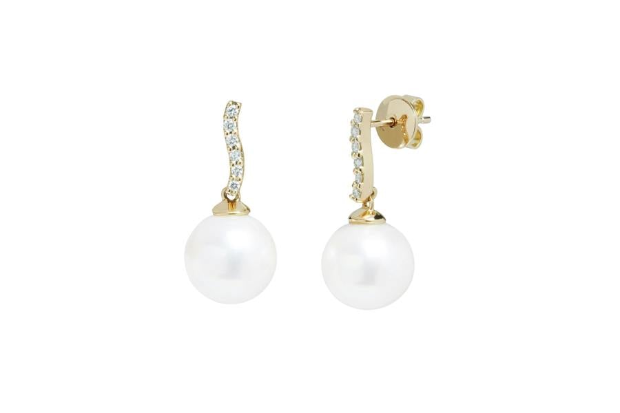 Sarah Layton Freshwater Round Pearl & Diamond Drop Earrings - Gold - DED310YGR10
