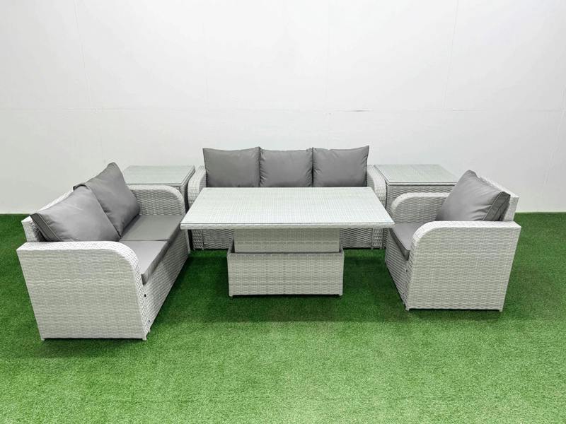 Fimous 6 Seater Garden Sofa Set, PE Wicker Rattan, Adj Height Table, Reclining Chair, Loveseat, 3 Seater Sofa and 2 Side Tables, Light Grey