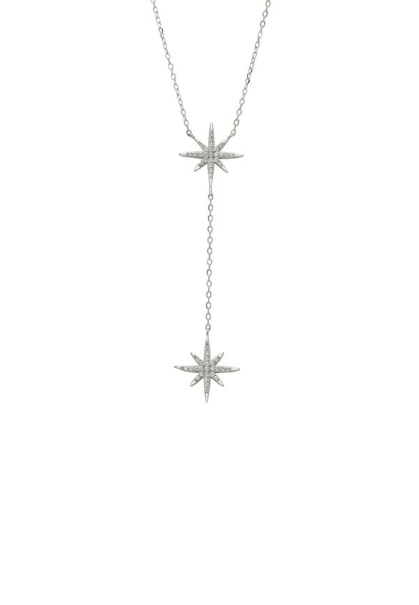 Silver star-shaped necklace on a white background