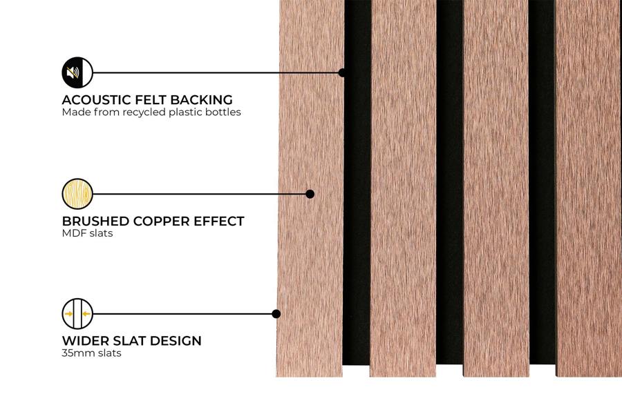 Fuse Acoustic Wooden Slatted Wall Panel in Brushed Copper, 2.4m x 0.6m