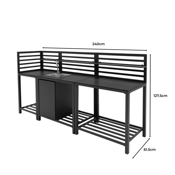 Aluminium outdoor 3-piece kitchen set featuring a sleek black finish, spacious countertops, and integrated sink for versatile cooking