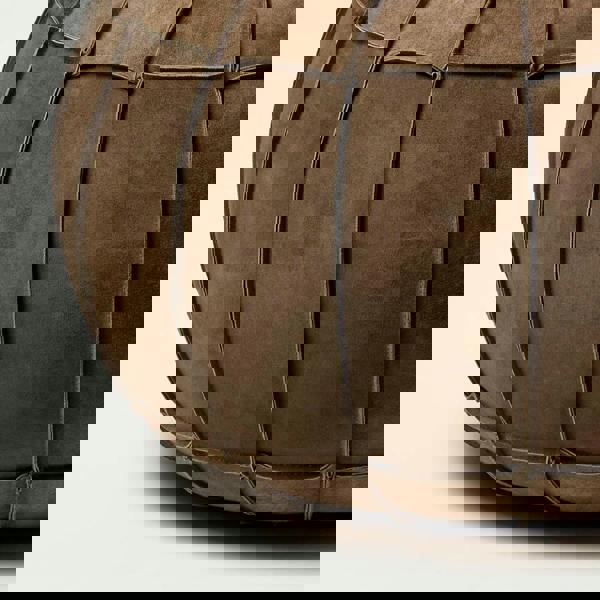 HOMESCAPES Brown Leather & Suede Round Pouffe Footstool