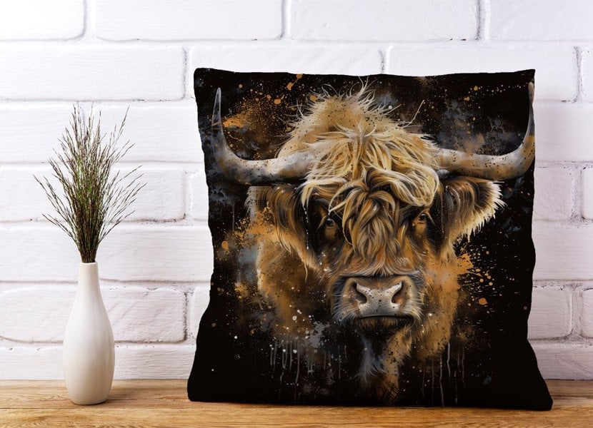 Warren Reed Bronze Splashart Highland Cow Cushions