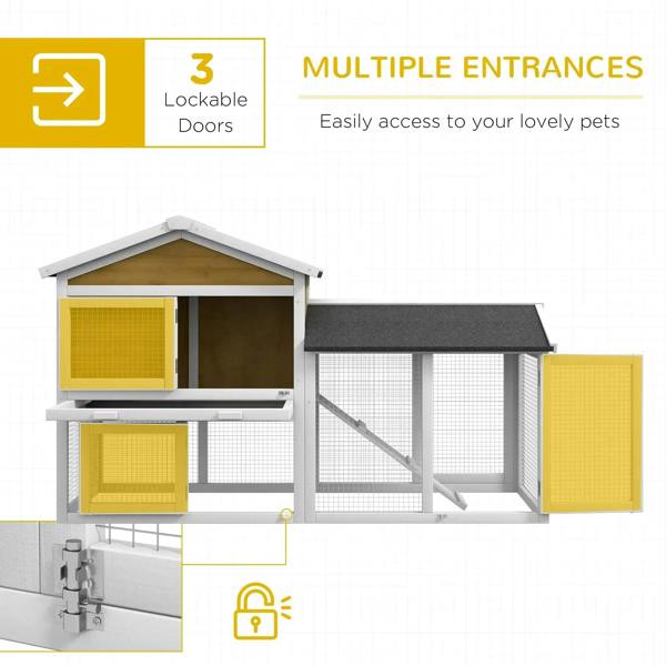 Yellow double-tier outdoor rabbit hutch with ramp, wire mesh panels, dark roof
