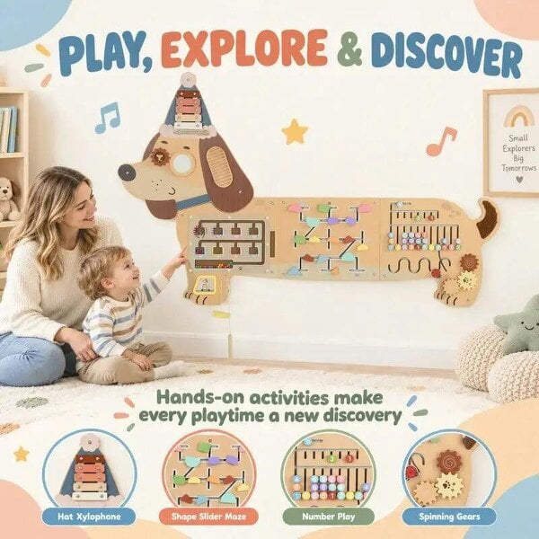 Bobobiy Montessori Inspired Busy Board, Wooden Dachshund Sensory Wall Panel for kids Touch, Feel & Learn, Classroom, Playroom