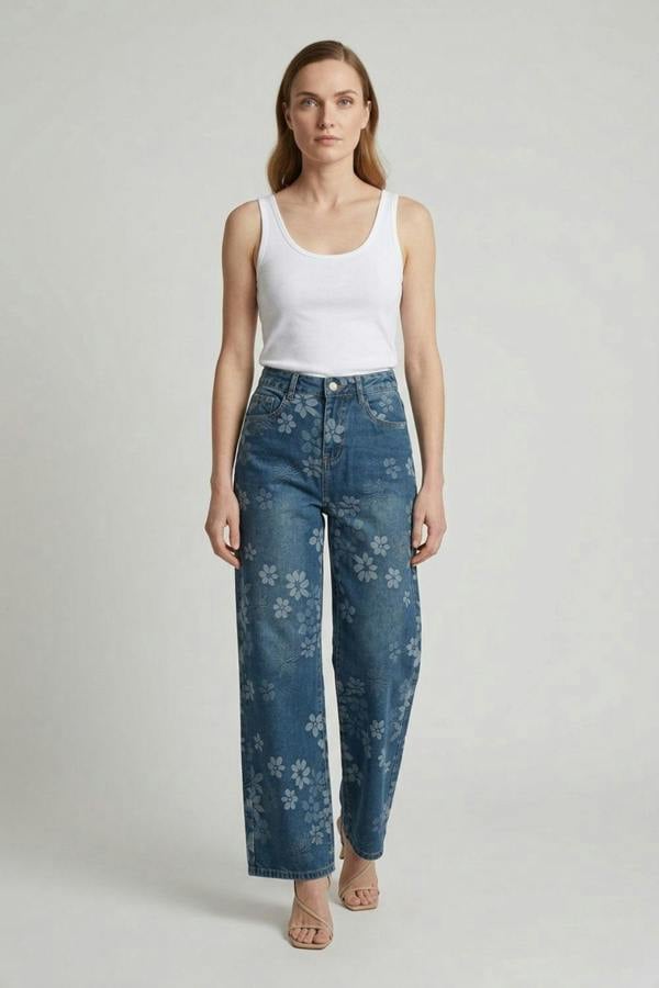 Blue | Floral High Waist Wide Leg Jeans

