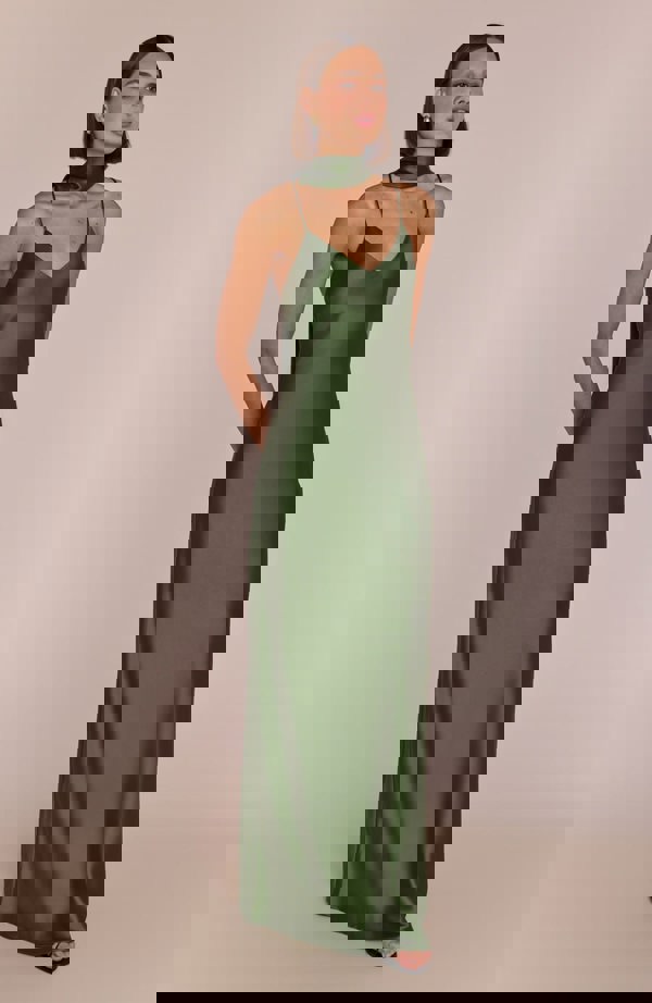 Rewritten London Brooklyn Dress in Olive Green Satin