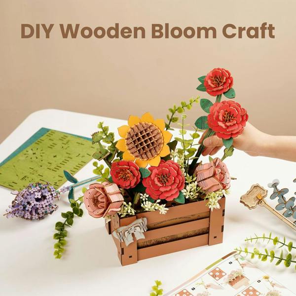 Dyzi 658 Piece Wooden Bloom Box 3D Floral Puzzle Model