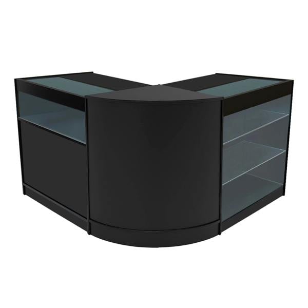 Triton LED shop counter set in black with sleek glass shelves, featuring a modern curved design for retail display and organization