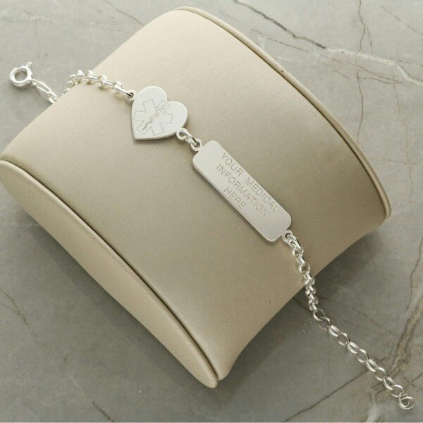 Christopher James of London Sterling Silver Medic Aware Heart And Tag Bracelet With Engraving