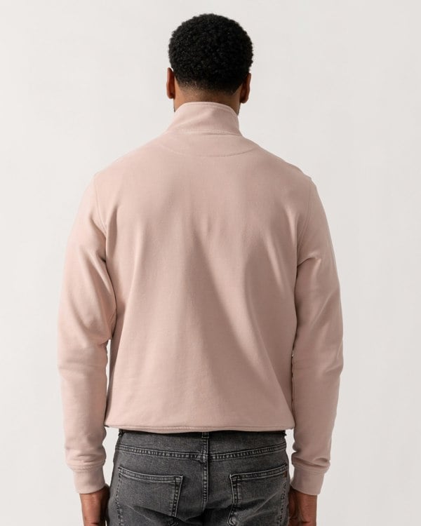 Model wearing Belstaff Quarter Zip Sweatshirt in Dusk Pink - back