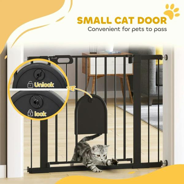 Black pet safety gate with cat flap door and side lock/unlock controls