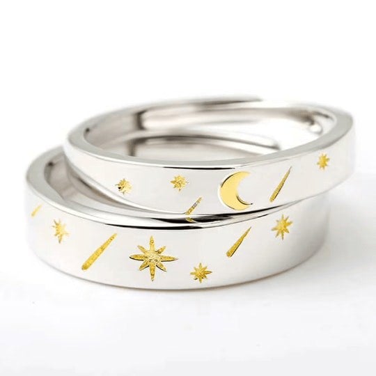 The Colourful Aura Adjustable Silver Couple Sun Star Promise Ring Set