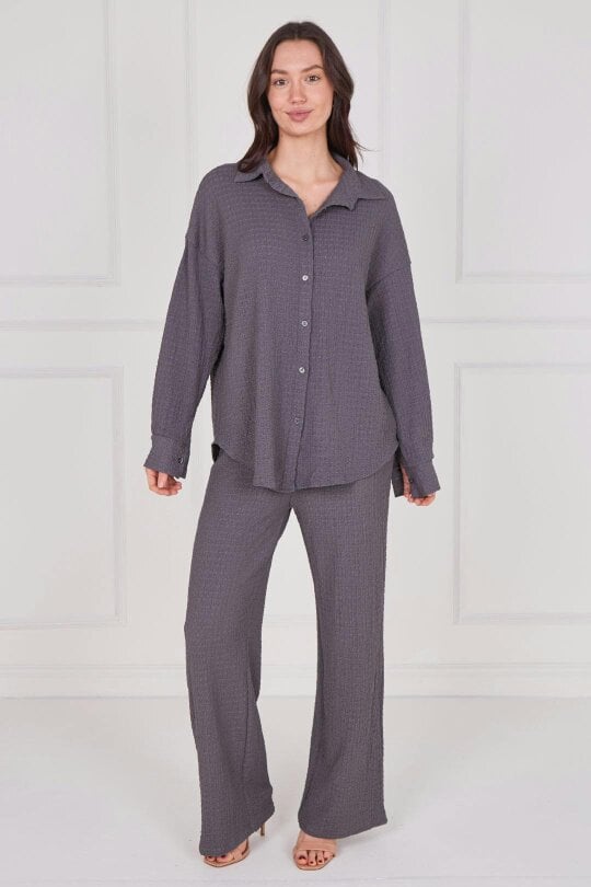 Elaina Fashion Textured Shirt & Wide-Leg Trouser Co-Ord Set