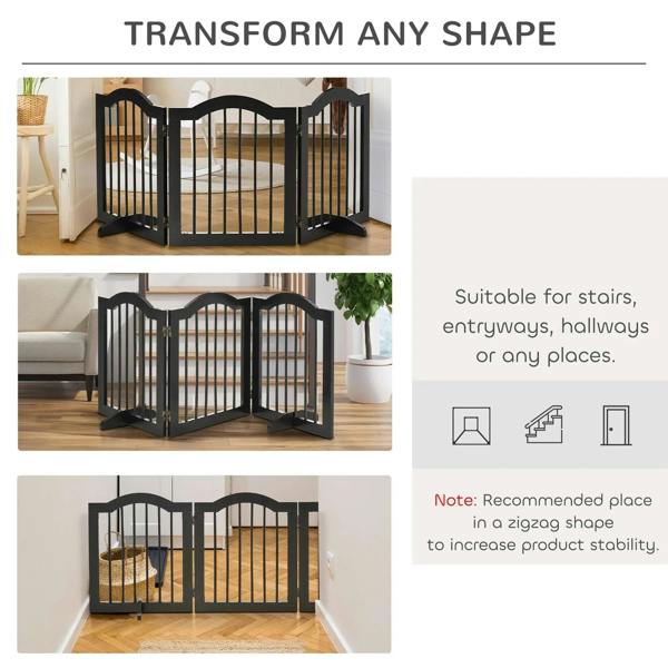 Black foldable pet gate with hinged panels, designed for multiple doorway and stair placements