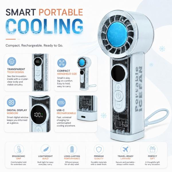 Dyzi Portable Ice Cooling Handheld Fan 199 Speed USB Rechargeable