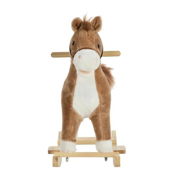 Kids brown plush rocking horse with white muzzle and belly, front view, wooden rockers