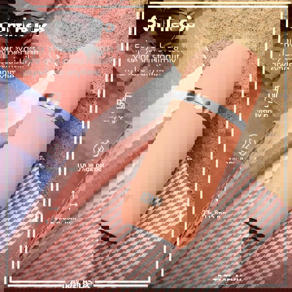 A peach-colored travel flask lies on a striped cloth beside sunglasses and a magazine on the sand. Text reads "On the Go," "Enjoy your beverages in style and sustainability anywhere anytime," "Easy grip," "100% leak proof," "230 x 85 mm," "ION8," "TRAVEL FLASK."