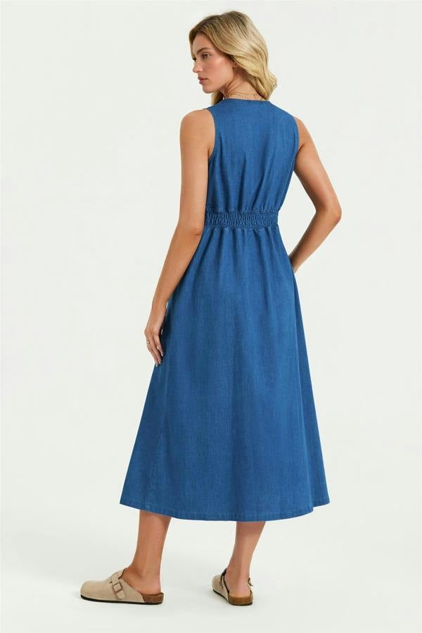 FS Collection Button Down Denim Midi Dress In Blue