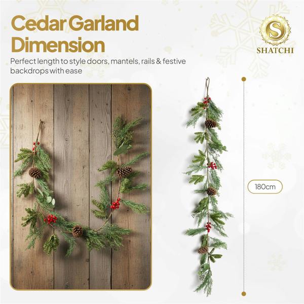 18cm Green Cedar Christmas Garland with Red Berries and Pinecones for Indoor or Outdoor Display image 4